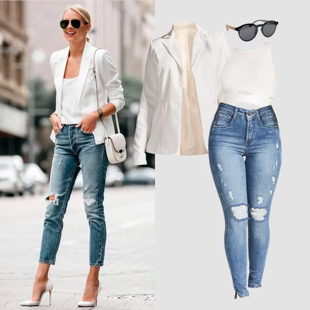 Nada melhor do que apostar na composição Calça Jeans Modeladora Estilosa Destroyed Dualfx Cropped + Blazer Divino Off White + Cropped Modal Poderoso.