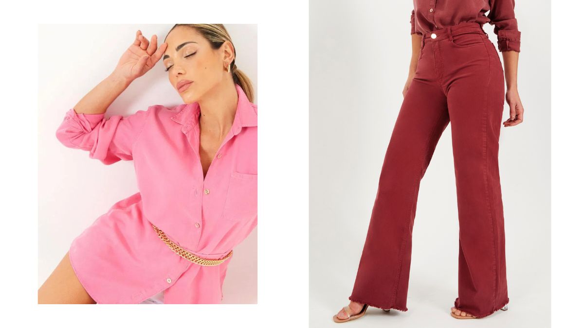 Mas, se a intenção é passar chamando todas as atenções, escolha a Calça jeans Modeladora Wide Leg Marsala com a Camisa Térmica Oversized Pink. Aliás, as duas cores estão super em alta e são a cara do verão!